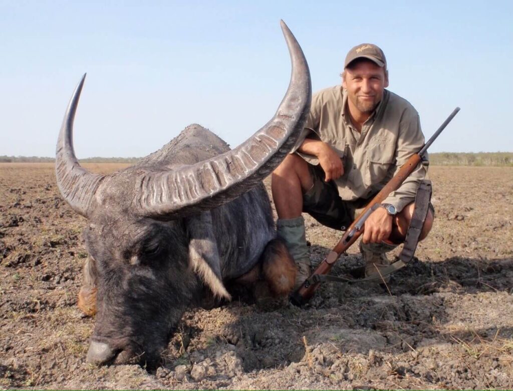 Hunter with a heavy-horned buffalo bull