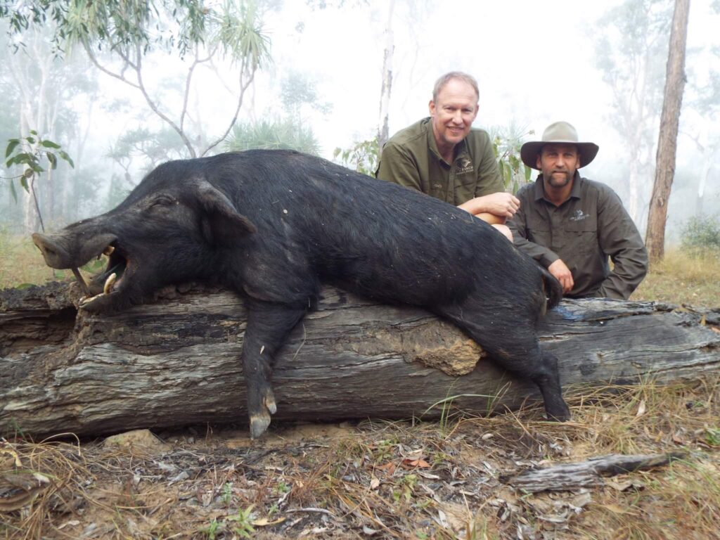 Hunters with a large wild boar