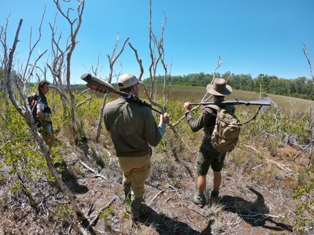 Hunters stalking through woodland with their guide